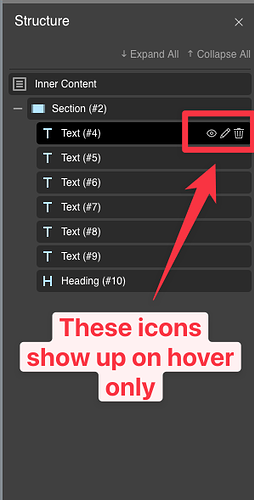 Structure Panel Oxygen - Icons show up on hover