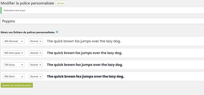 Screenshot of Modifier la police personnalisée « Poppins » ‹ AvoirUnDevis — WordPress