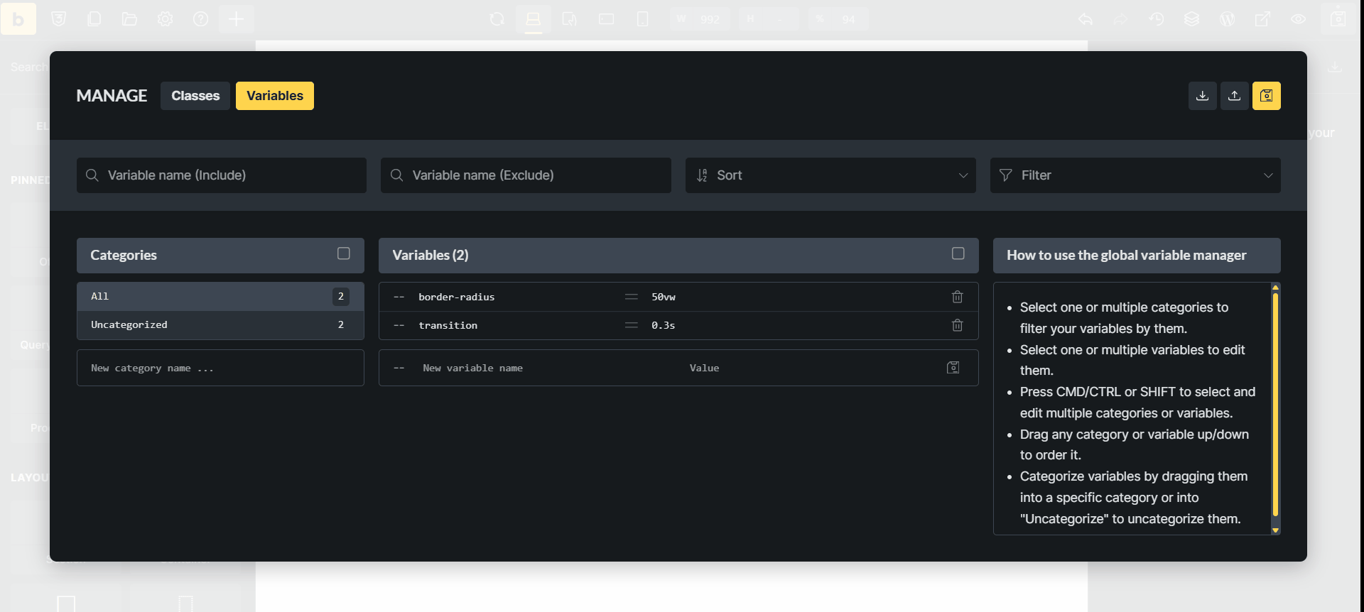 class & variables custom category