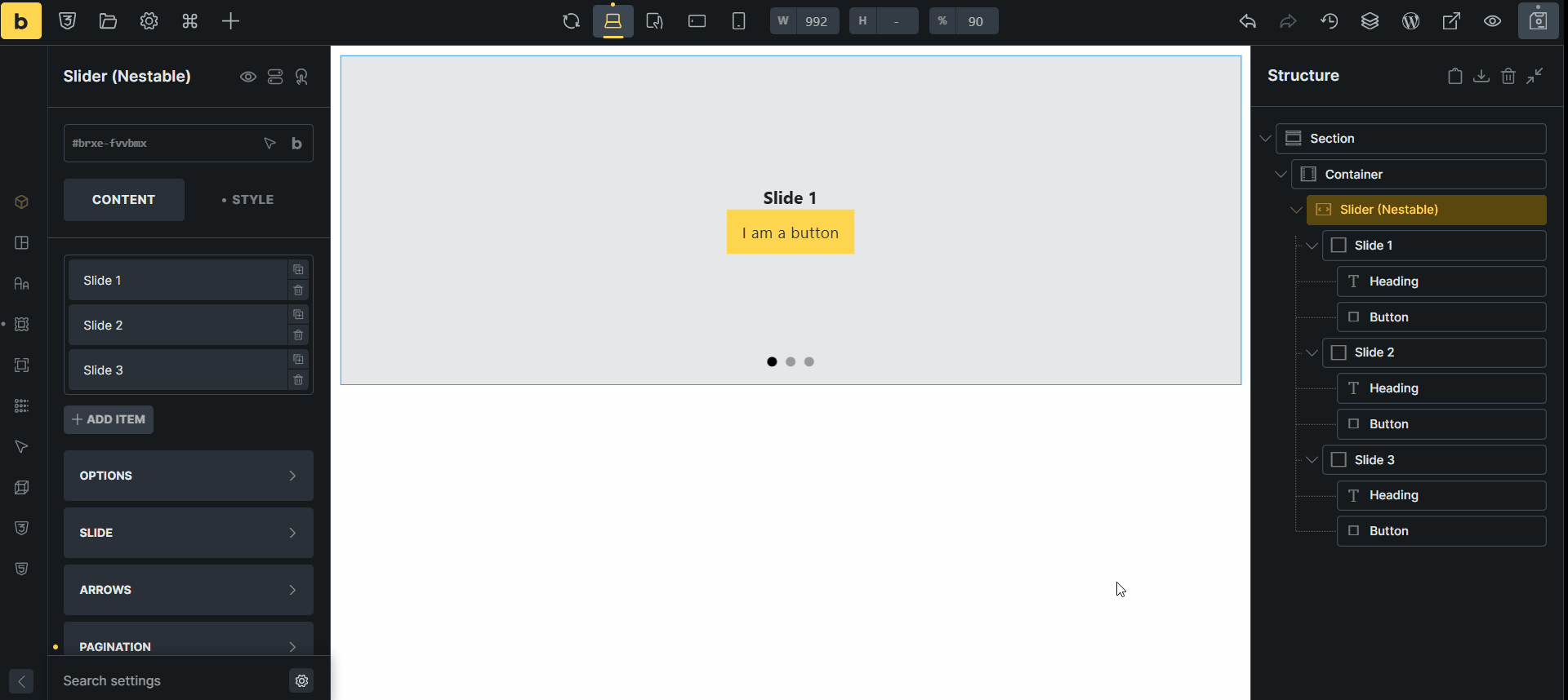 Nestable slider fade effect